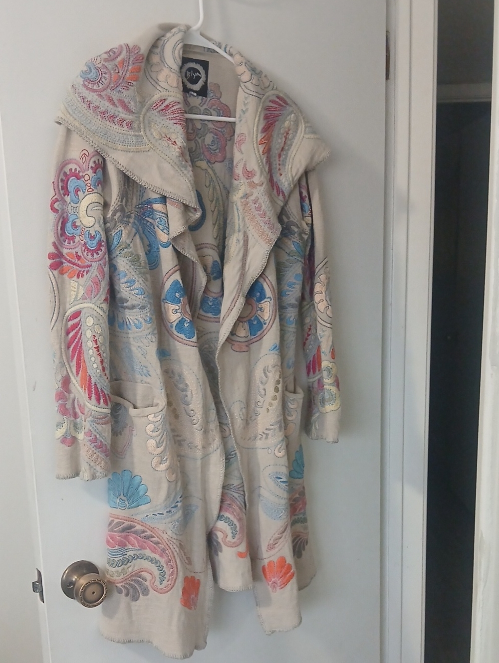 Boho Embroidered Cream Open-Front Cardigan with Pastel Accents